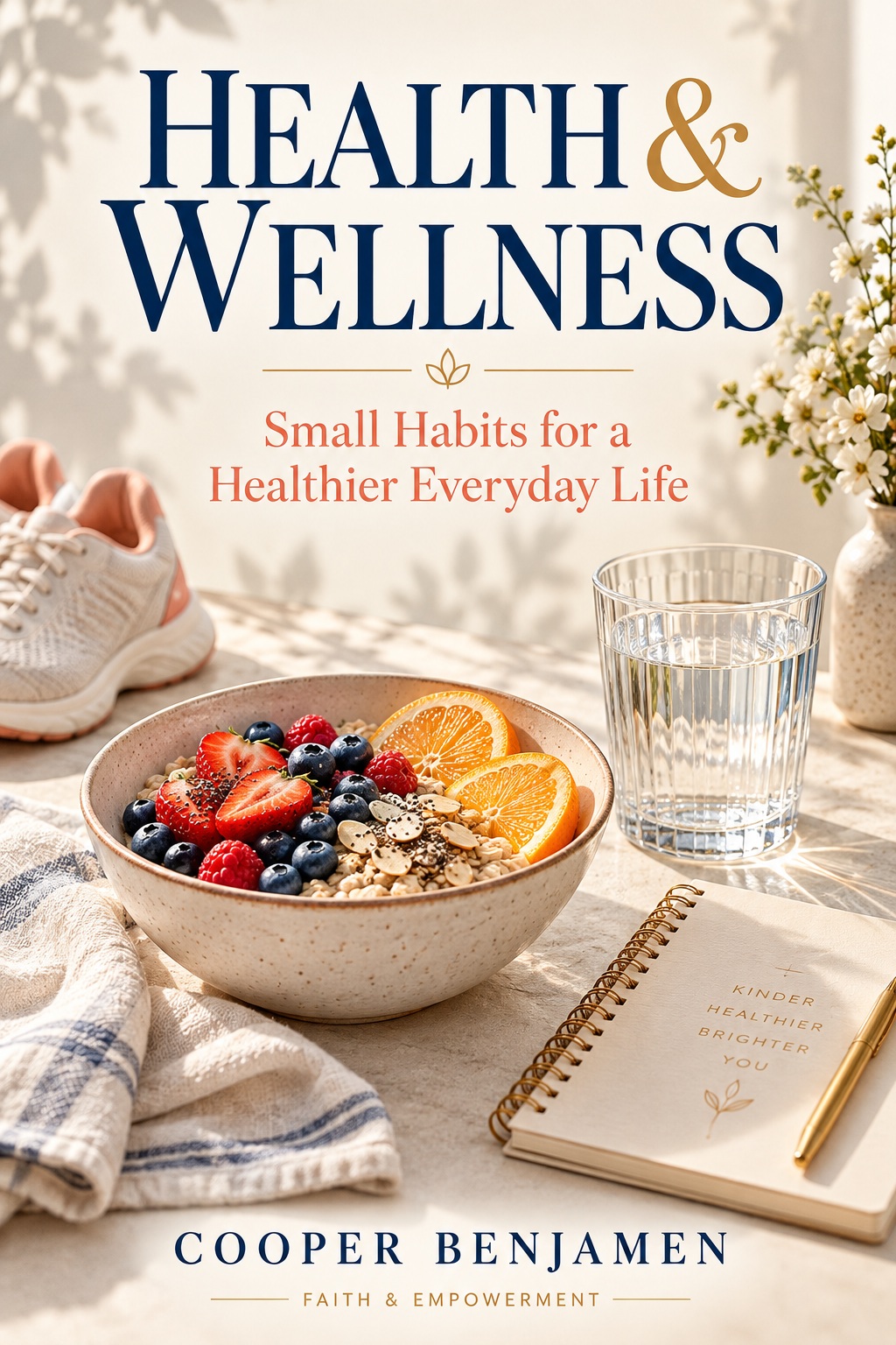 Health and Wellness ebook cover with a sunlit bowl of fruit, water, and a journal