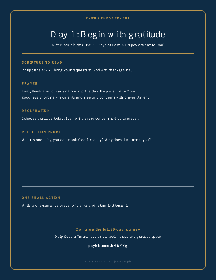 Free Day 1 introduction: Scripture, prayer, declaration, gratitude reflection prompt, and one small action. Open the PDF to read or print.